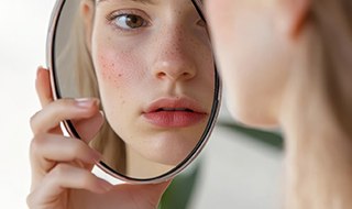 Woman looking at her complexion in mirror