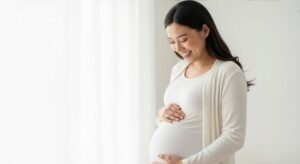 Happy pregnant woman touching her belly 